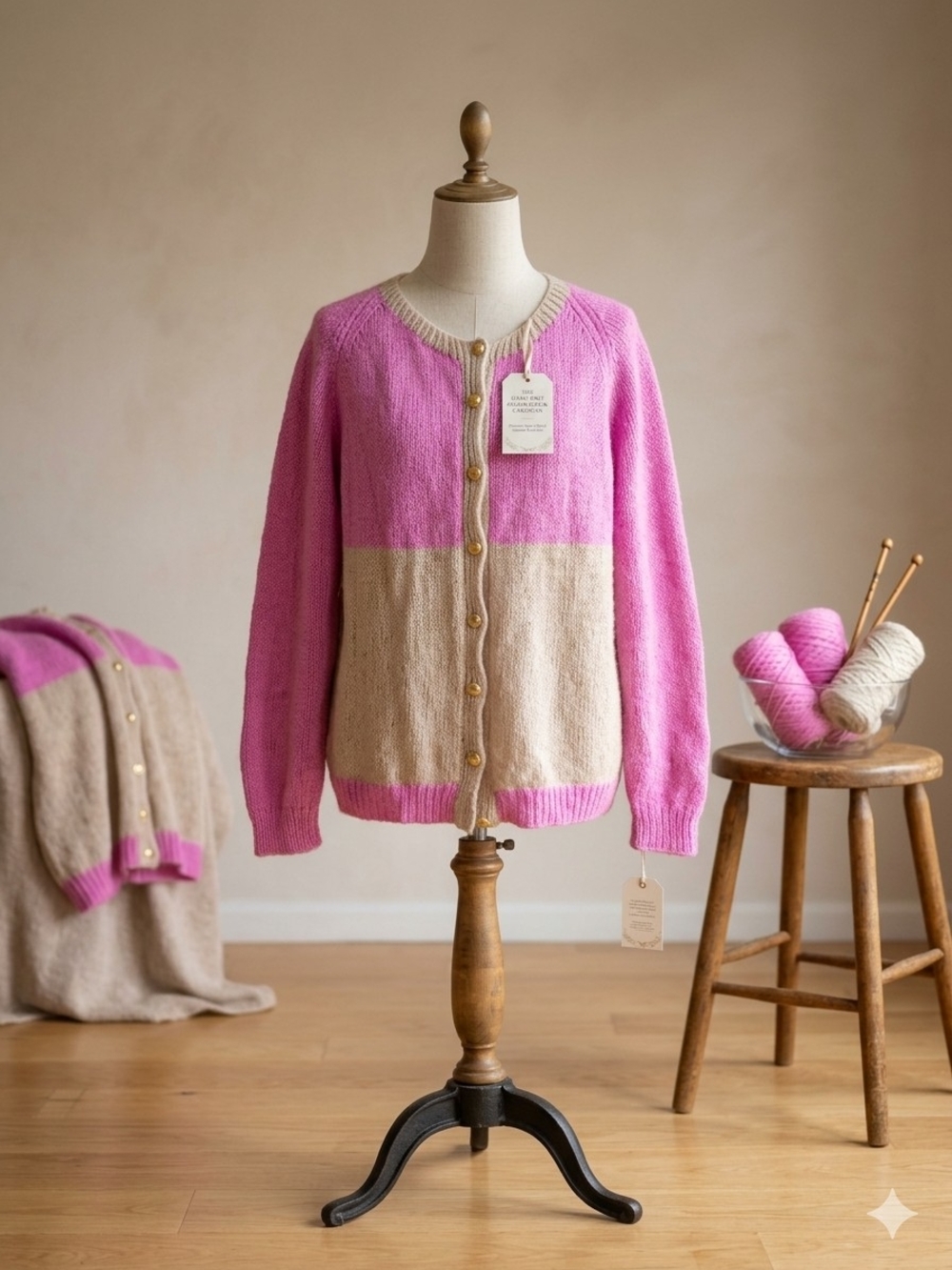 Made By Hand Two-Tone Pink and Beige Button-Front Women's Cardigan